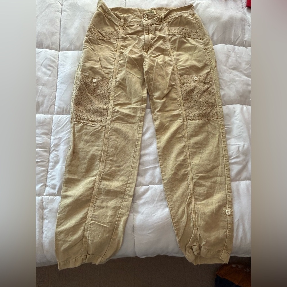 Sundance Linen Cotton Pants Femme Voyage light mustard yellow Lace Roll Up 12